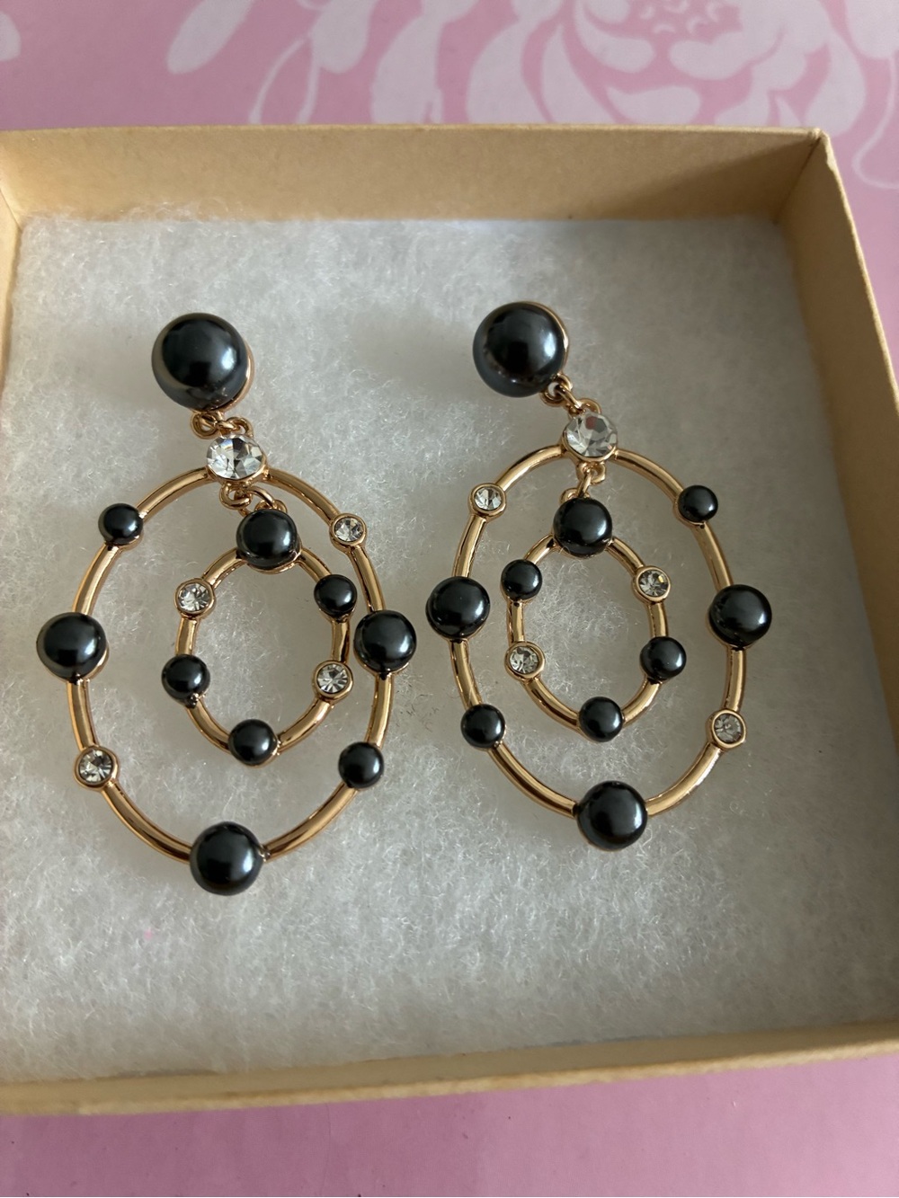 Natasha Couture Gold-Tone Hoop Drop Earrings with Black Beads and Clear Crystals